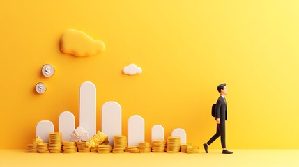 A businessman walks by a growth chart with coins, illustrating financial success on a vibrant yellow background.