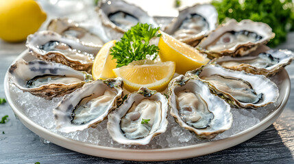 A plate of fresh oysters served on ice with lemon wedges