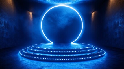 Wall Mural - Futuristic digital art with a blue background, circular light strips, and glass podiums, featuring a large empty space in the center for product display, high-resolution and detailed.