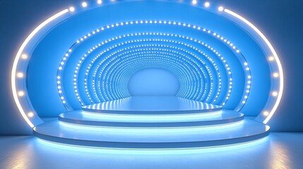 Wall Mural - High-angle view of a blue background with circular light strips and white glass podiums, providing a symmetrical, futuristic setting with a large empty center for showcasing items.