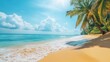 © Arifin Studio - Beautiful tropical island sea beach landscape, turquoise ocean water, yellow sand, sun blue sky white cloud, green coconut palm tree leaves, paradise nature, summer holidays, vacation, tourism, travel
