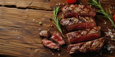 Sliced grilled beef steak on a wooden surface with room for text.