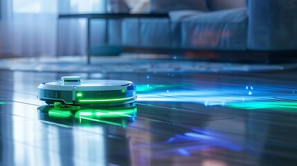 Robot vacuum with green electrical light and blue shine on the floor