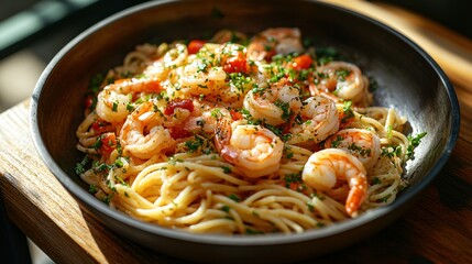 Elegant wooden table with a metal bowl of pasta and shrimp, under soft sunlight, captured in high definition to emphasize the warm atmosphere and textural details.