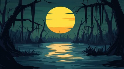 Canvas Print - Embrace the eerie charm of a dark swamp in this flat vector illustration, perfect for captivating designs.