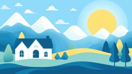 Poster - Vibrant flat design landscape featuring a house, hills, mountains, and a bright sun, set against a blue sky.