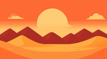 Poster - A vibrant k minimalistic desert scene showcasing orange hills, blue sky, and soft clouds in a cartoon style.