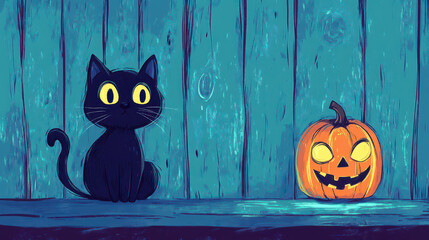 Sticker - Spooky night filled with a fluffy black cat and a glowing pumpkin lantern, perfect for a Halloweenthemed wallpaper.