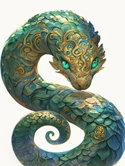 Poster - A Coiled Serpent with Green Eyes and Gold Accents