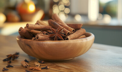 Wall Mural - Cinnamon sticks and anise on a textured background. Cinnamon roll and star anise. Spicy spice for baking, desserts and drinks. Fragrant ground cinnamon.Place for text. copy space.