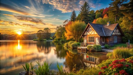 Sticker - Cozy cottage nestled in a picturesque sunset scene by the lake with golden hour lighting