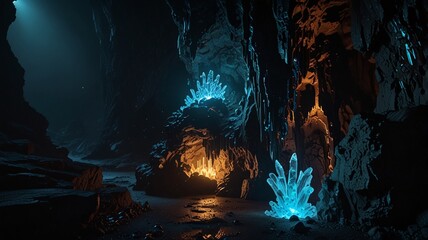 the light of the cave is glowing in the dark