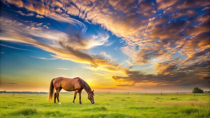 Sticker - Peaceful rural sky background with a horse grazing in the background