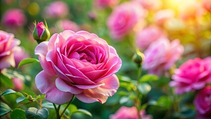 Sticker - Close up of a beautiful pink rose in bloom surrounded by blurred roses and green foliage, portraying the essence of nature and tranquility