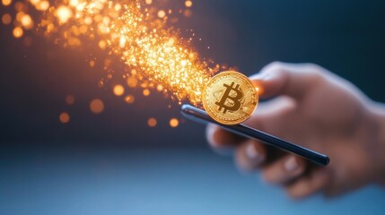 Wall Mural - a person using a mobile phone to make a secure cryptocurrency transaction.