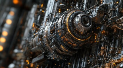 Wall Mural - Close-up of a Futuristic, Circular, Black and Gold Machine