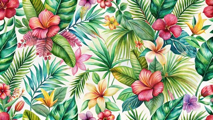 Poster - Tropical floral watercolor seamless pattern with lush greenery and vibrant flowers