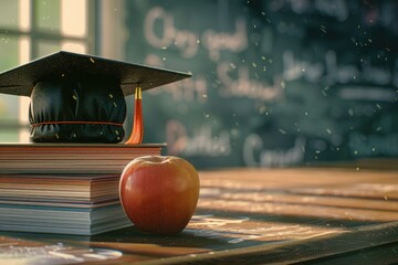 Wall Mural - A single red apple sits atop a stack of books, perfect for educational or editorial use