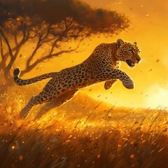 Canvas Print - A Leopard Leaping Through Golden Grass at Sunset