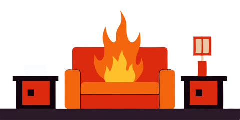 cartoon living room orange settee, sofa, couch on fire, in flames, burning