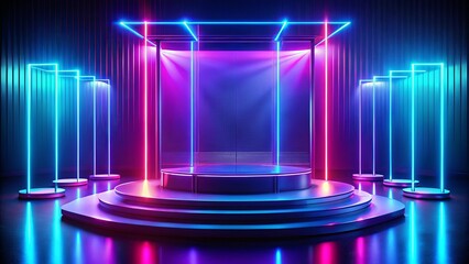 Canvas Print - Neon lit retro futuristic translucent stage with podium for product presentation