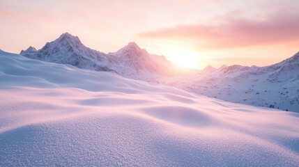 Golden sunlight casts a warm glow over a serene snowy mountain landscape, illuminating soft snowdrifts as the day transitions to twilight