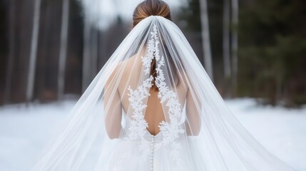 A beautiful bride in a flowing veil stands in a snowy forest, showcasing elegance and grace in a winter wedding setting.