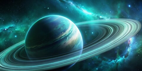 Wall Mural - Solitary blue green planet with majestic rings floating in a starfield