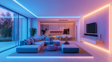 Wall Mural - Modern Living Room with LED Strip Lighting for a Relaxing and Stylish Ambiance