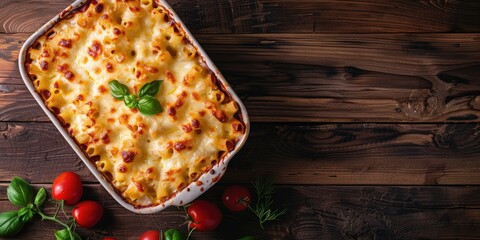 Baked pasta dish featuring minced lamb, cheese, and tomatoes, topped with bÃƒÂ©chamel sauce and melted cheese, presented in a dish on a dark wooden surface. Aerial perspective with ample space for