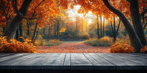 Autumn maple leaves on wooden table.Falling leaves natural background.Sunny autumn day with beautiful orange fall foliage in the park