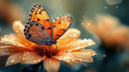 Sticker - Butterfly on a Flower with Dew Drops