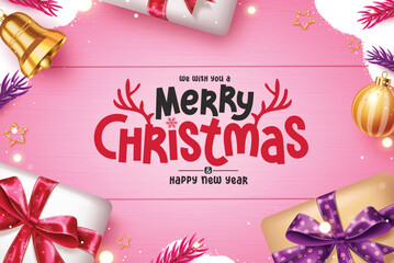 Wall Mural - Merry christmas greeting text vector template design. Christmas greetings in pink snow wooden bokeh background with gift box, bell, colorful spruce leaves, candy cane and stars elements . Vector 