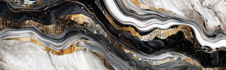 Wall Mural - Abstract Black, White, and Gold Swirls with Glitter