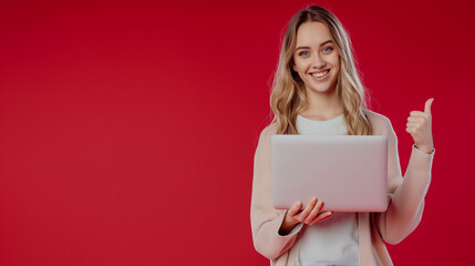 Portrait of a smiling young girl holding laptop computer, thumbs up gesture isolated over red background.