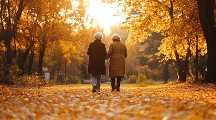 Two people walk hand in hand through a beautiful autumn forest as the setting sun casts a warm glow over the fallen leaves.