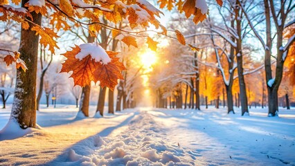 Poster - Snow covered fall leaves create a tranquil and serene scene in a winter park