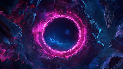 Wall Mural - A Glowing Pink Ring Surrounded by Dark Rocks and a Starry Night Sky