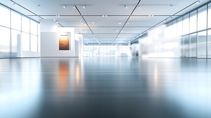 Wall Mural - Spacious Minimalist Exhibition Hall with Modern Architectural Features, Sleek Flooring, and Blurred Signage