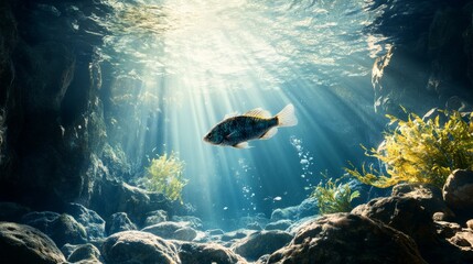 Tranquil fish swimming in the clear blue waters of a sunlit lake