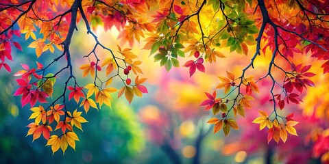 Colorful tree with vibrant leaves on hanging branches, abstract background with floral foliage creating a vivid display of nature's beauty