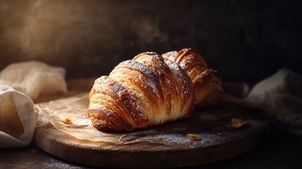 Two Golden Croissants with Powdered Sugar on a Wooden Board