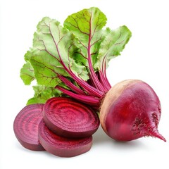 Fresh red beet with green leaves and sliced on white background