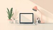 © MyDorkyDolphin - A minimalist illustration of a remote work setup, featuring a laptop on a clean desk with a cup of coffee and headphones, set against a simple background. 8k UHD, suitable for high-quality printing