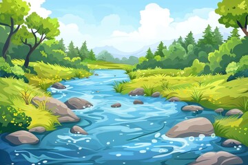 Sticker - A serene scene of a river flowing through a dense and vibrant forest