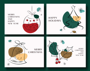 Canvas Print - Merry christmas greeting card vector set design. Christmas greeting text with hanging xmas ball, pine tree, bell and holly berry doodle elements in abstract white background. Vector illustration 