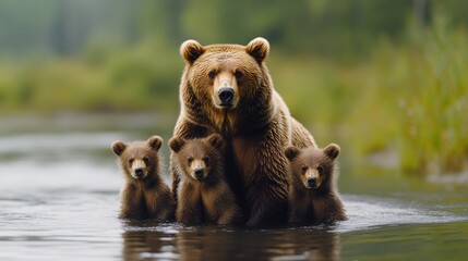 Wall Mural - A Mother Bear and her Cubs in a River