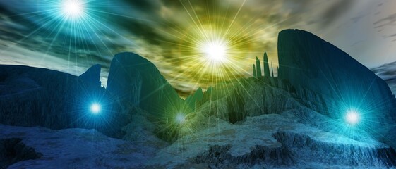 Wall Mural - alien landscape, ball lightning over the surface of an alien planet, 3d rendering