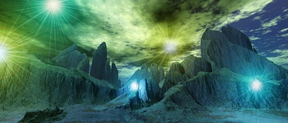 Wall Mural - Alien landscape, ball lightning over the surface of an alien planet, 3d rendering