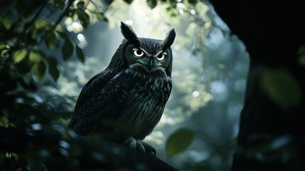 Wall Mural - A Black Owl Perched on a Branch in a Forest